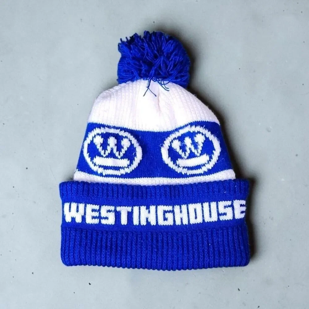 Vintage Westinghouse Pom Beanie Blue White Logo Knit Hat 70s 80s Rare Promo